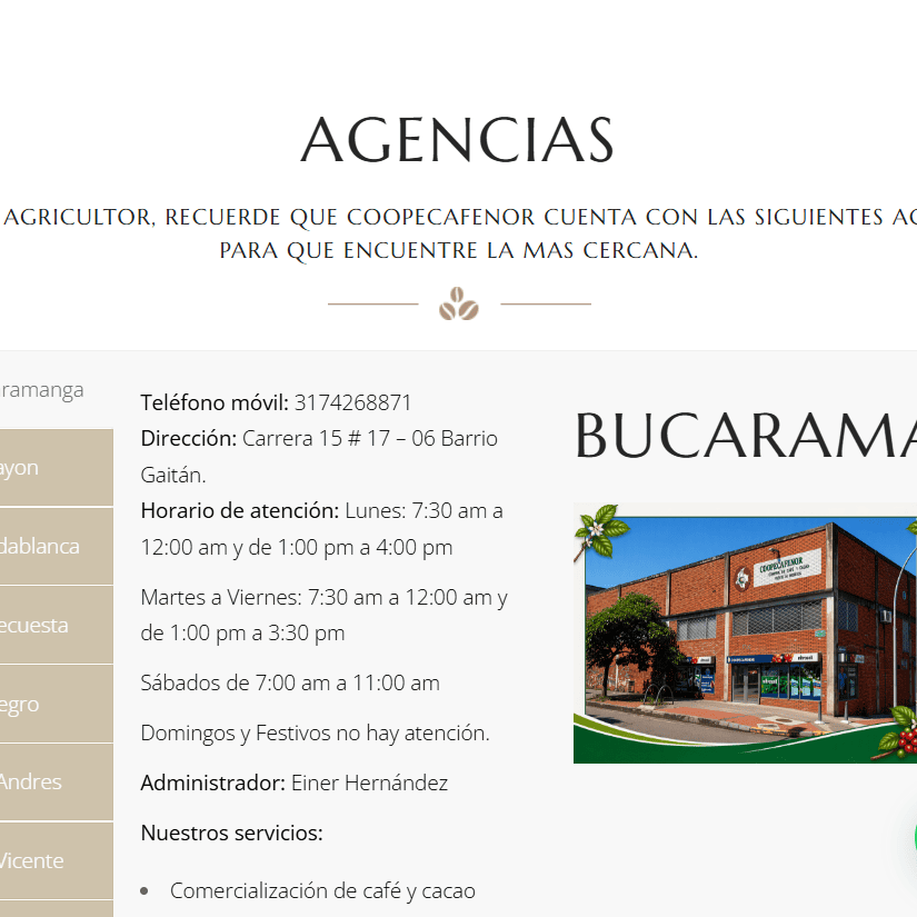 Directorio de agencias de Coopecafenor con fotografía, horarios y datos de contacto de la sede de Bucaramanga.