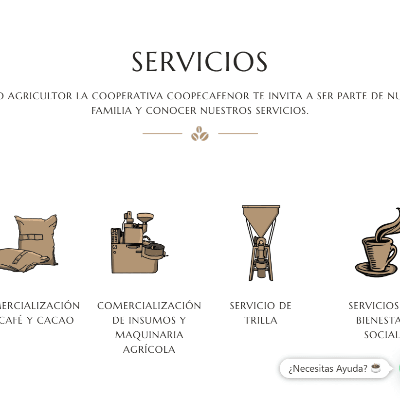 Servicios de Coopecafenor: comercialización de café y cacao, insumos agrícolas, trilla y bienestar social.