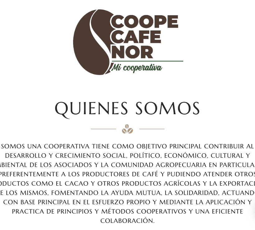 Sección Quiénes somos de Coopecafenor con presentación de la cooperativa y su apoyo a los productores de café.