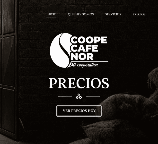Página de Coopecafenor con logotipo de la cooperativa y botón para consultar los precios del café del día.