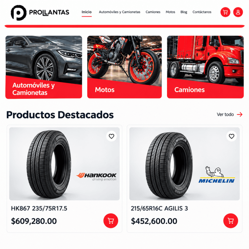 Sección de Prollantas con categorías de vehículos y llantas destacadas Hankook y Michelin con sus precios.