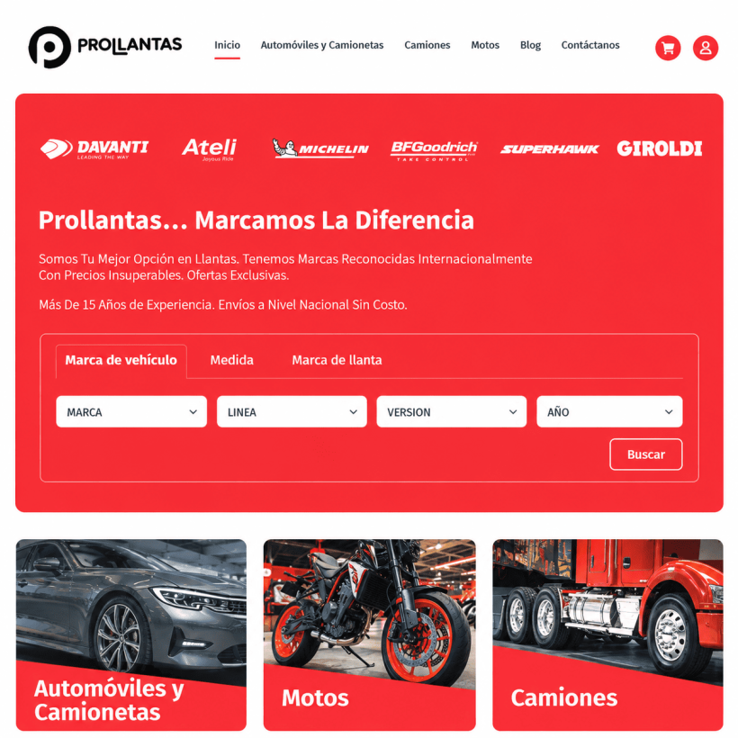 Tienda virtual Prollantas con buscador de llantas por vehículo y categorías de automóviles, motos y camiones.