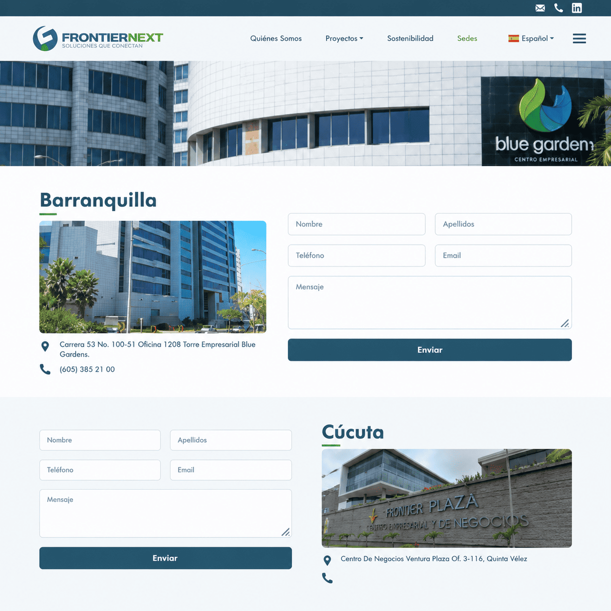 Página de sedes de Frontier Next en Barranquilla y Cúcuta, con fotografías y formularios de contacto.