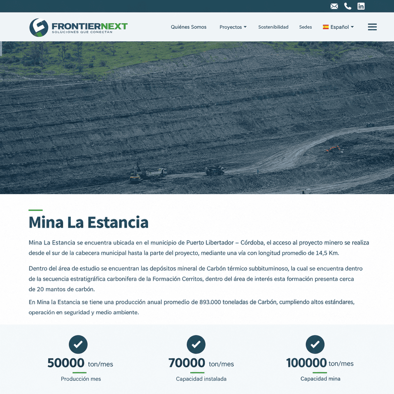 Página del proyecto Mina La Estancia en el sitio web de Frontier Next, con fotografía y datos de producción.