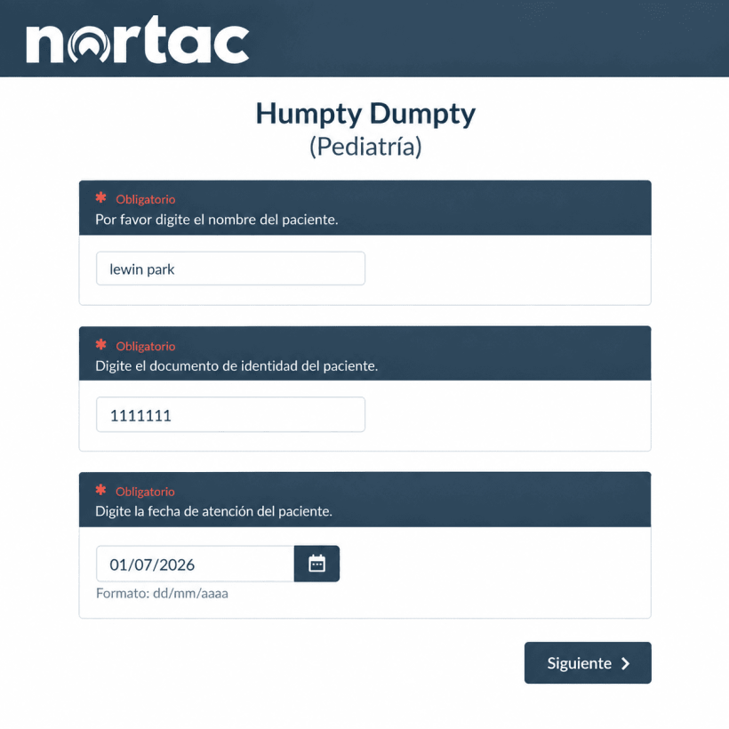 Inicio del formulario Humpty Dumpty de Nortac con campos de identificación del paciente y fecha de atención.