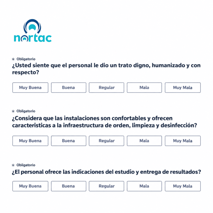 nortac-satisfaccion-delcliente Encuesta de satisfacción del paciente de Nortac con preguntas sobre atención, instalaciones y entrega de resultados.