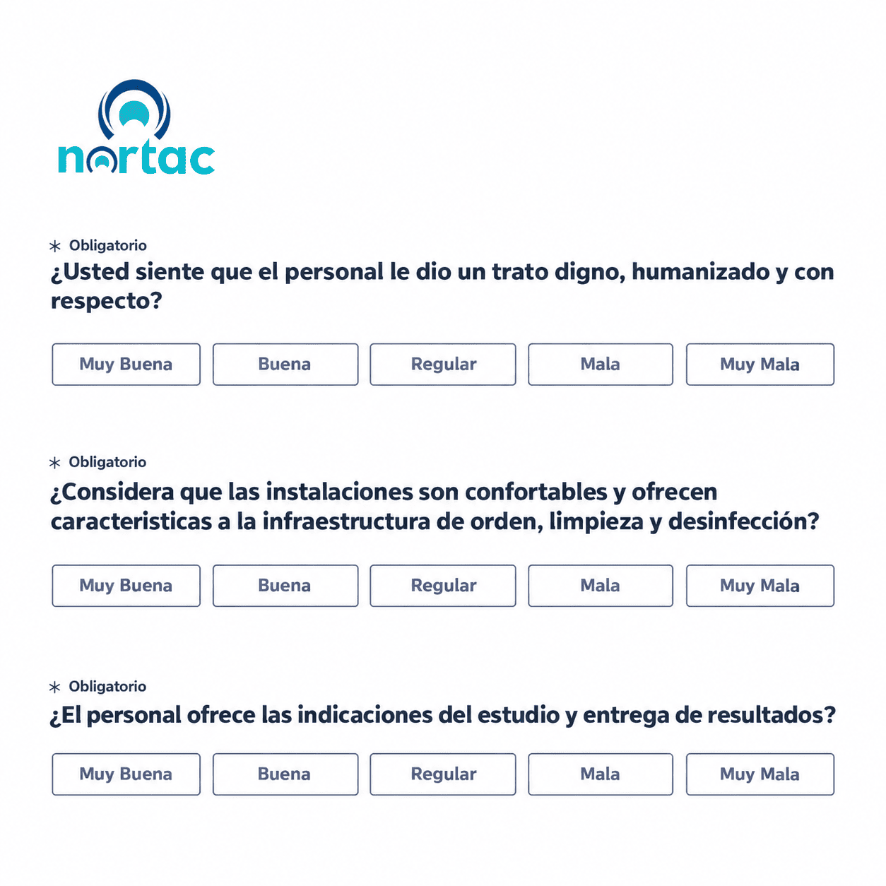 Encuesta de satisfacción del paciente de Nortac con preguntas sobre atención, instalaciones y entrega de resultados.