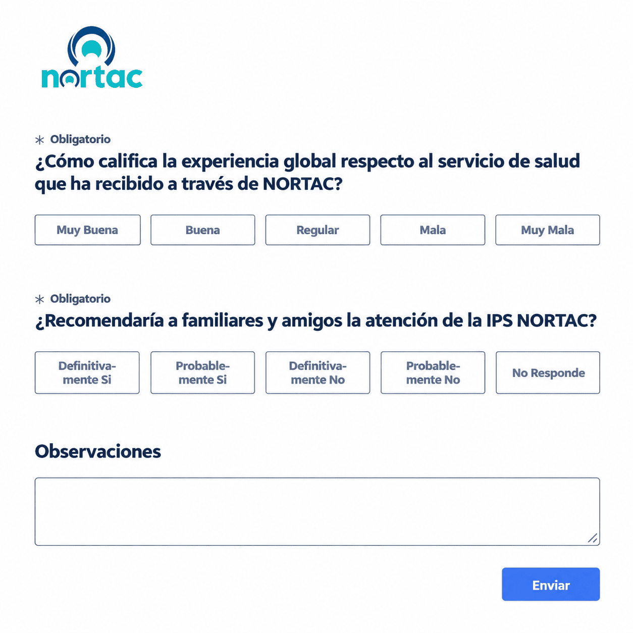 Encuesta de satisfacción de Nortac con valoración del servicio, recomendación de la IPS y campo de observaciones.