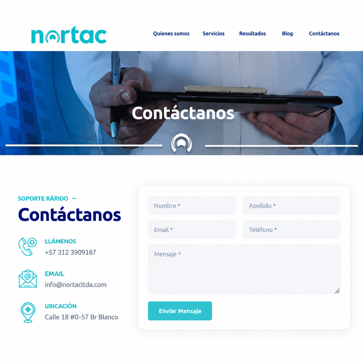 Página de contacto del sitio web de Nortac con formulario de mensajes, teléfono, correo y ubicación.