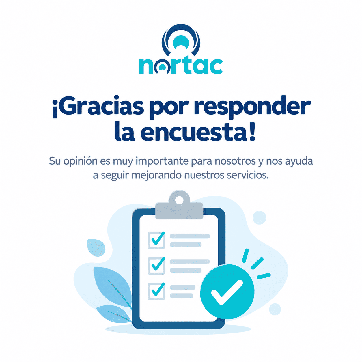 Mensaje de agradecimiento de Nortac al completar la encuesta, con una ilustración de lista de verificación.