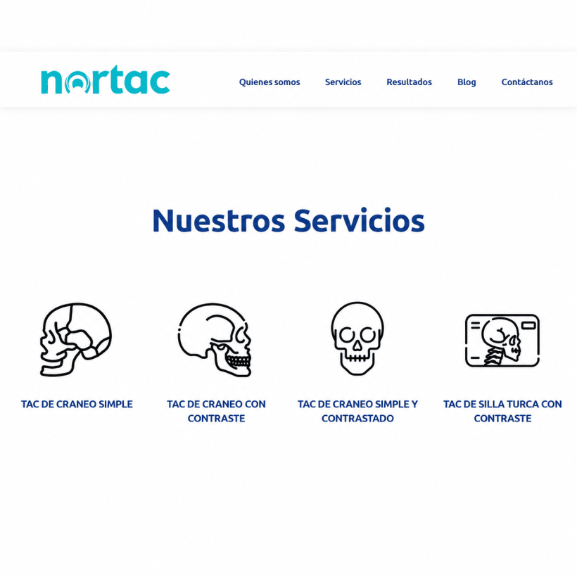 nortac-seccion-servicios Sección de servicios de Nortac con estudios de tomografía de cráneo y silla turca, acompañados de iconos.