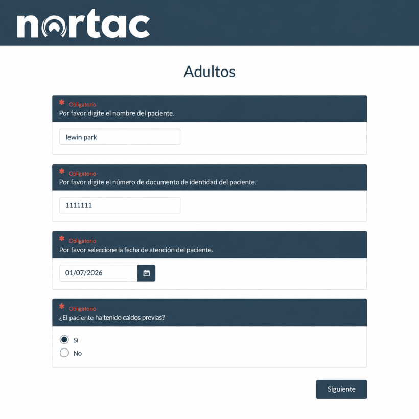 Inicio del formulario Downton de Nortac con identificación del paciente, fecha de atención y antecedentes de caídas.