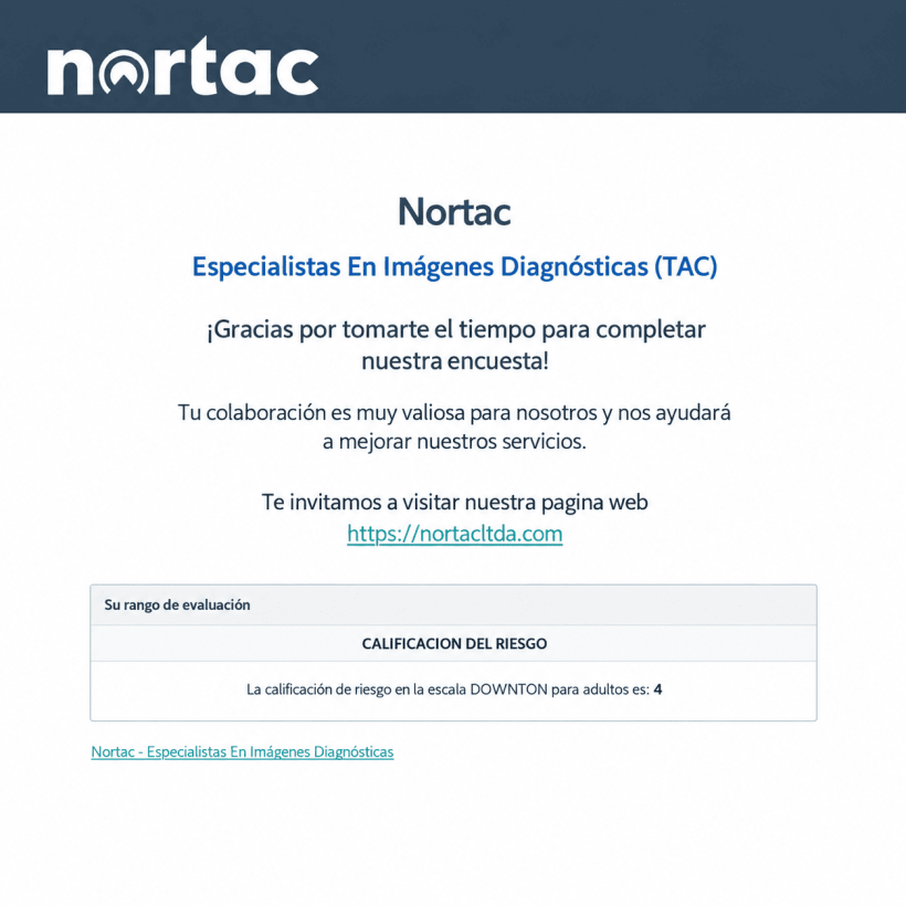 Resultado del formulario Downton de Nortac con puntaje de riesgo de caídas en adultos y mensaje de finalización.