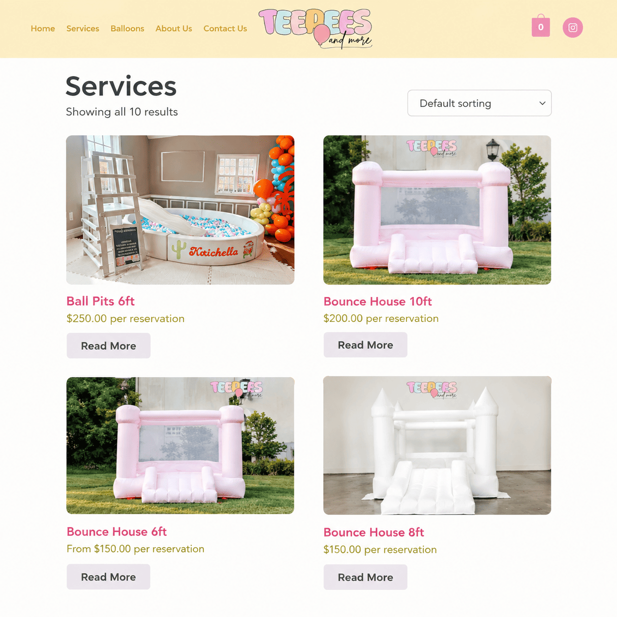 Catálogo de servicios de Teepees and More VA con piscinas de pelotas, castillos inflables y precios de reserva.