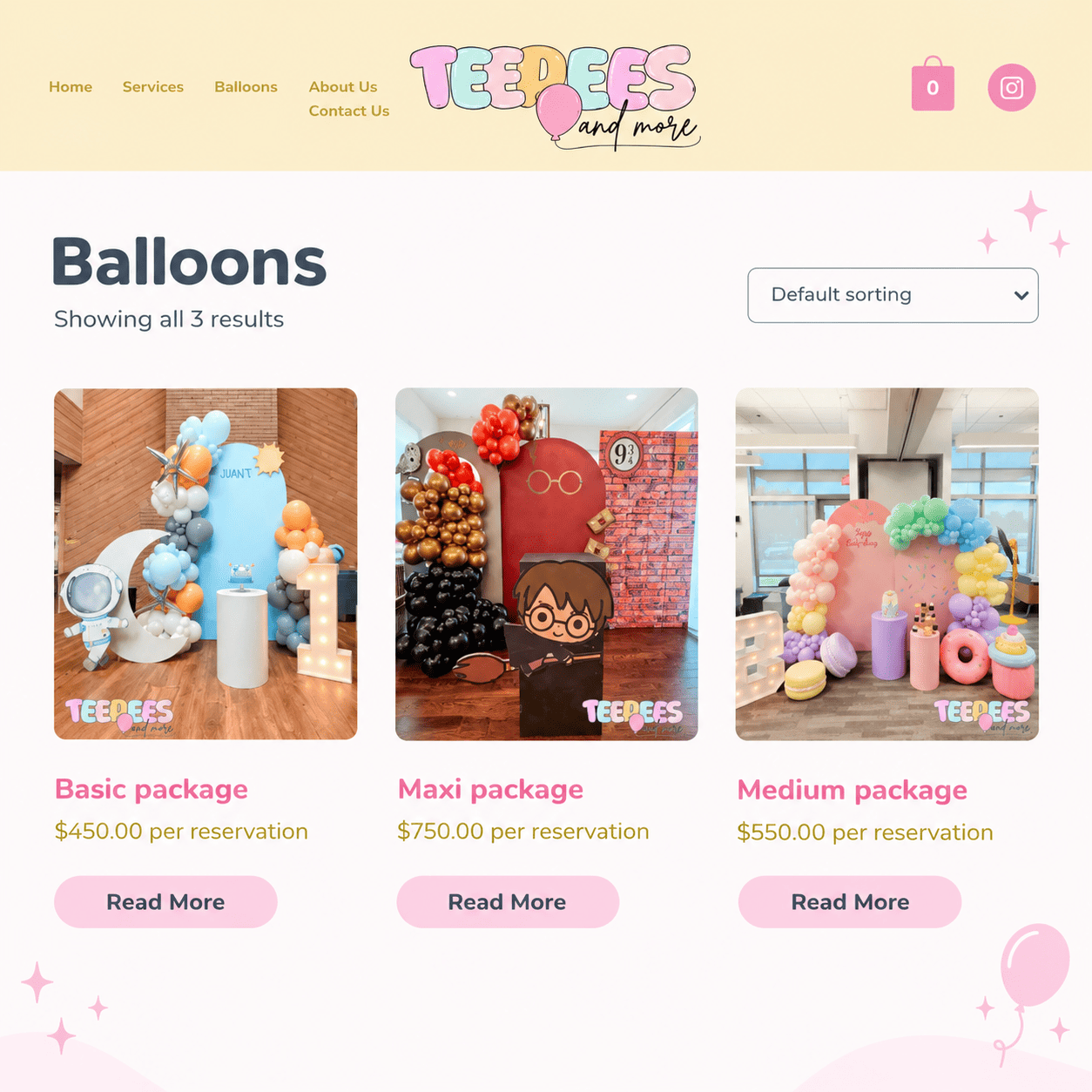 Catálogo de decoraciones con globos de Teepees and More VA con paquetes básico, mediano y maxi.