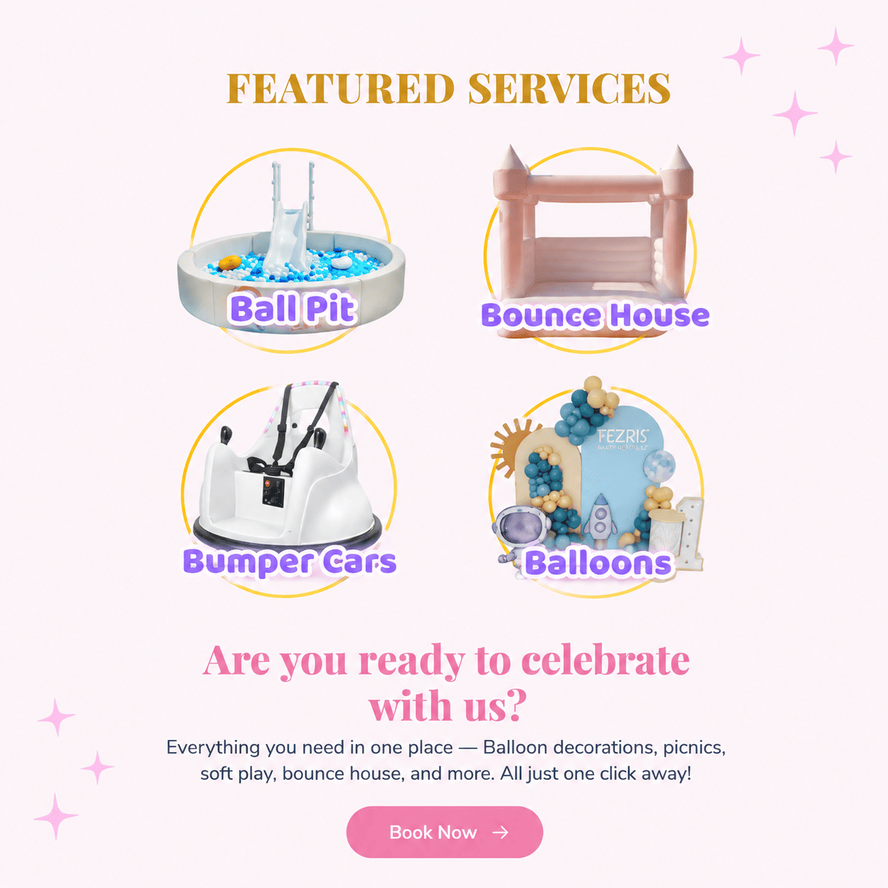Servicios destacados de Teepees and More VA: piscina de pelotas, castillo inflable, autos de choque y globos.