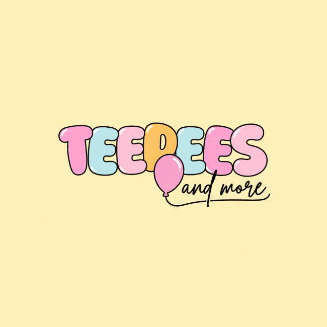 Logotipo de Teepees and More en colores pastel sobre fondo amarillo.