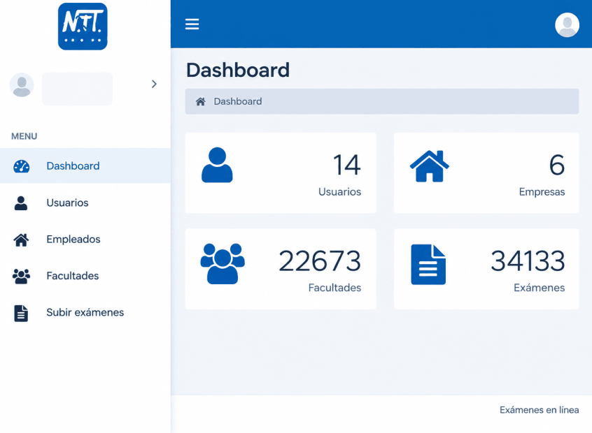 secciondashboard3 Panel de la aplicación de resultados médicos de Nortac con indicadores de usuarios, empresas, facultades y exámenes.