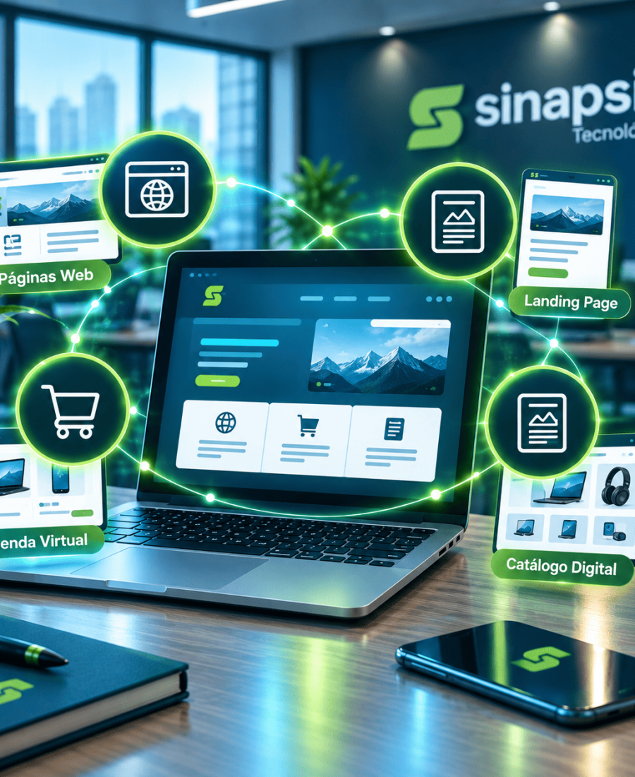 Ilustración de soluciones web de Sinapsis: páginas web, landing pages, tiendas virtuales y catálogos digitales.