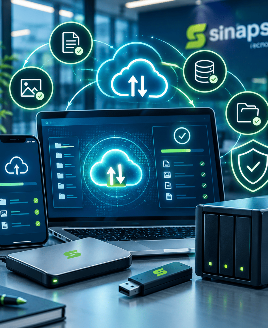Copias de seguridad en la nube y dispositivos locales, ilustradas con un portátil, teléfono, disco externo y almacenamiento NAS.