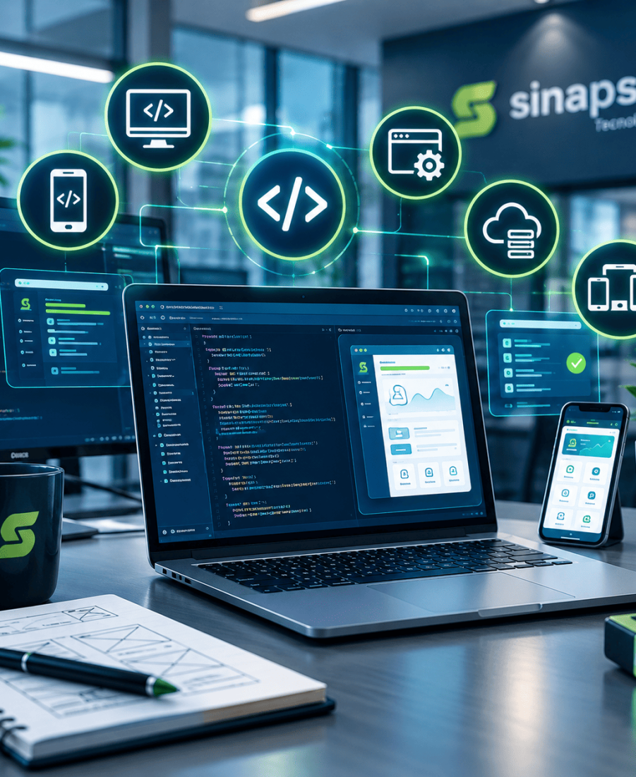 Ilustración de desarrollo de software de Sinapsis con código en pantallas y aplicaciones para computador y móvil.