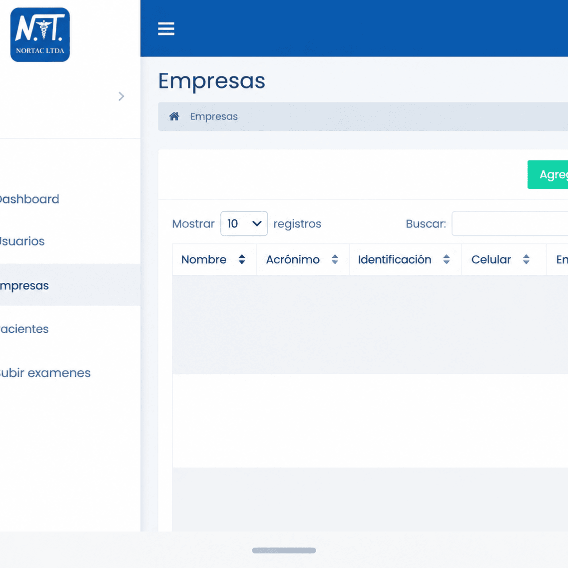 Módulo de empresas de Nortac con buscador, tabla de datos de contacto y botón para agregar registros.