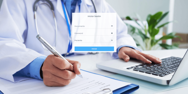 Formulario de inicio de sesión de Nortac sobre una imagen de un profesional de salud trabajando junto a un computador.