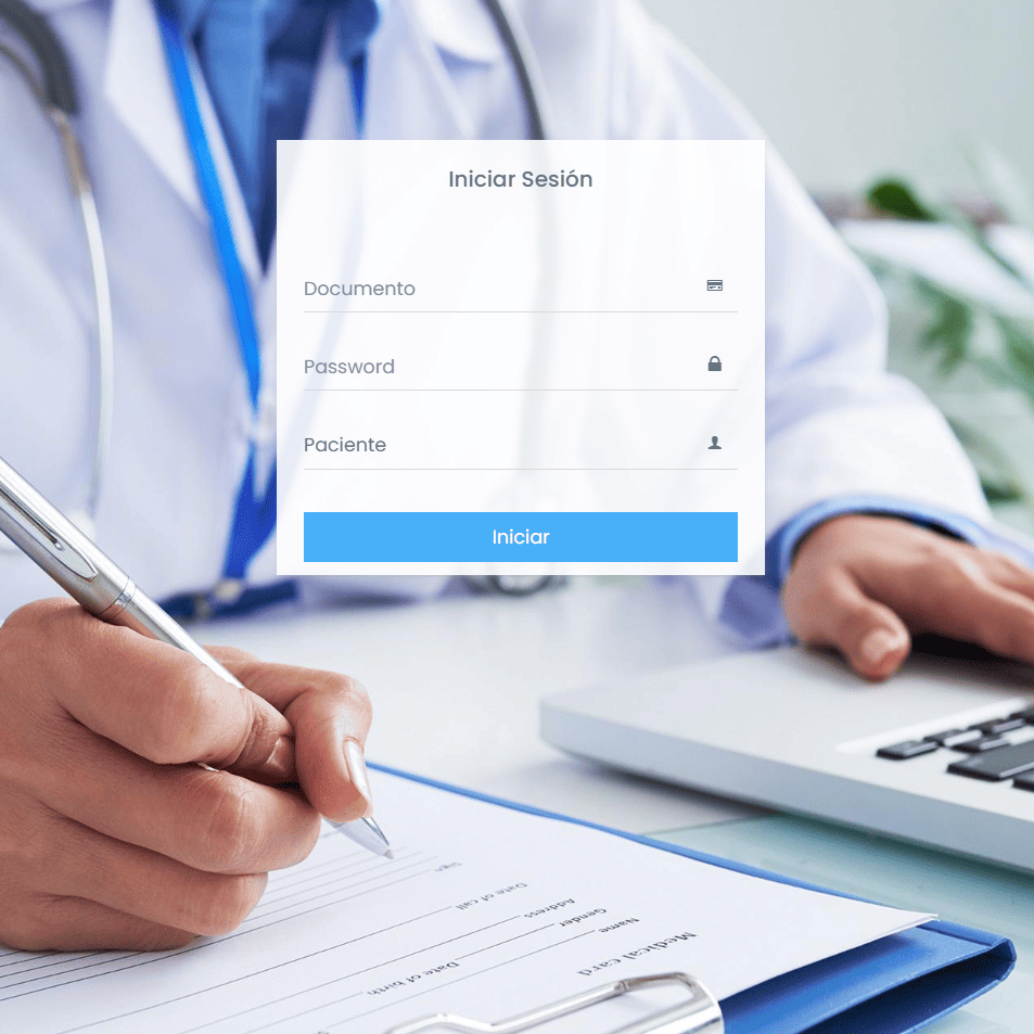 Formulario de inicio de sesión de Nortac sobre una imagen de un profesional de salud trabajando junto a un computador.