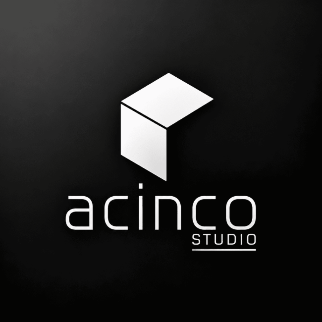 Logotipo blanco de Acinco Studio sobre fondo negro.