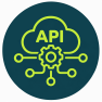 icono-API Integración mediante API representada por una nube y un engranaje conectado a varios puntos.