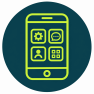 icono-app-celular Aplicaciones móviles representadas por un teléfono con iconos de configuración, mensajes y usuario.