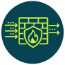 icono-firewall Firewall representado por un muro, un escudo y flechas de tráfico de red.