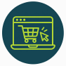 icono-tienda-virtual Tienda virtual representada por un computador portátil con carrito de compras y cursor.