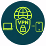 icono-vpn Conexión VPN segura entre un computador y un teléfono, representada por un escudo con candado.