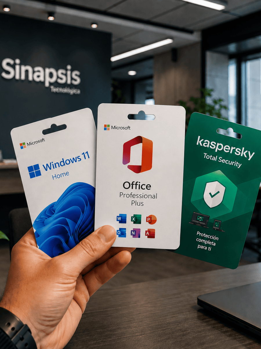 Ilustración de licencias de Windows 11, Microsoft Office y Kaspersky en una oficina de Sinapsis.