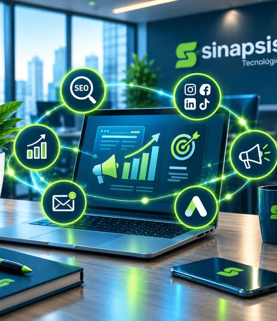 Ilustración de marketing digital de Sinapsis con SEO, redes sociales, publicidad, correo y métricas de crecimiento.