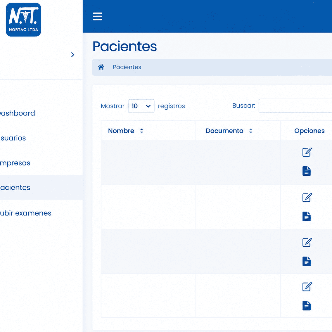 Módulo de pacientes de Nortac con buscador, tabla de registros y opciones de edición y consulta.