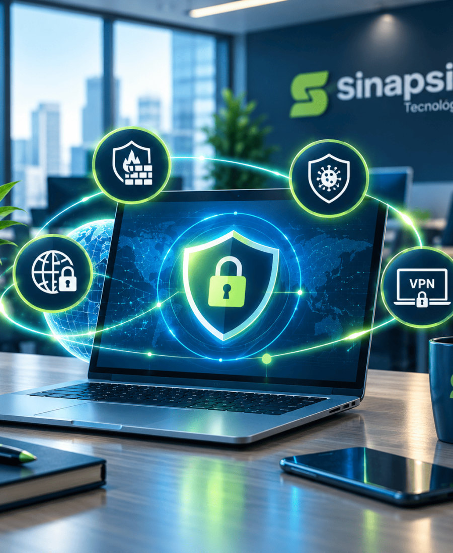 Ilustración de seguridad informática de Sinapsis con un portátil protegido por firewall, antivirus y VPN.
