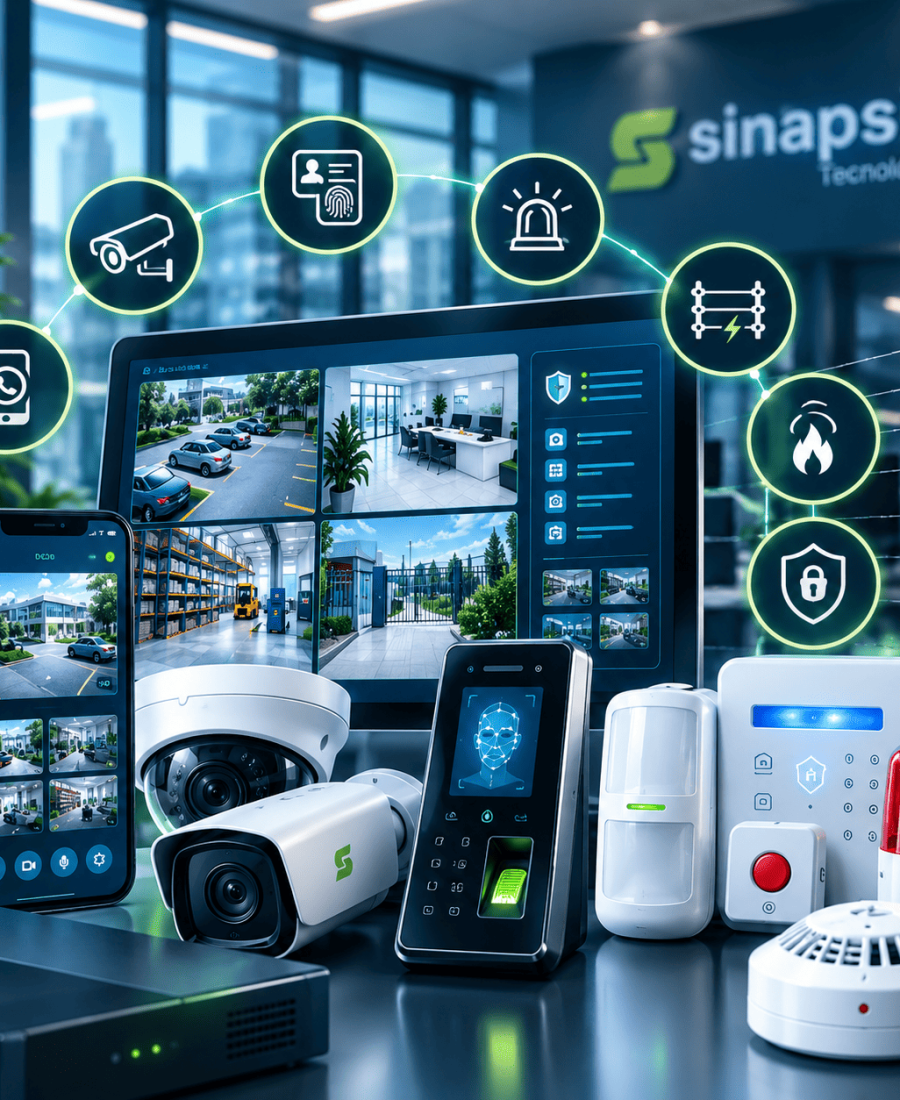 Equipos de seguridad electrónica: cámaras CCTV, monitor de vigilancia, lector biométrico, sensores y alarma.
