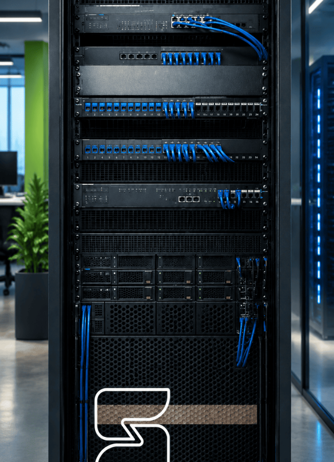 Gabinete de comunicaciones con equipos de red, paneles de conexión y cableado azul organizado.