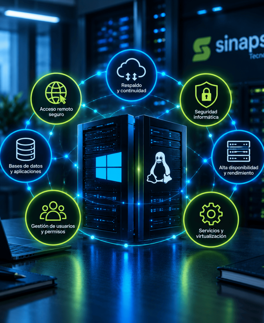 Ilustración de servidores Windows y Linux de Sinapsis con servicios de respaldo, seguridad y acceso remoto.