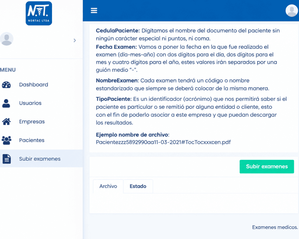 subirexamen3 Módulo de carga de exámenes de Nortac con instrucciones para nombrar archivos y botón Subir exámenes.