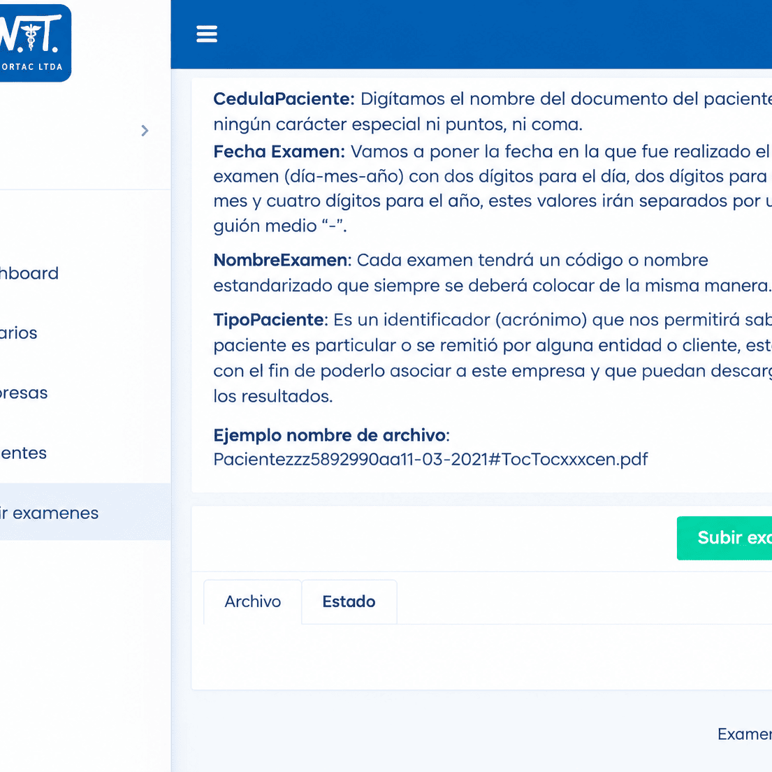 Módulo de carga de exámenes de Nortac con instrucciones para nombrar archivos y botón Subir exámenes.