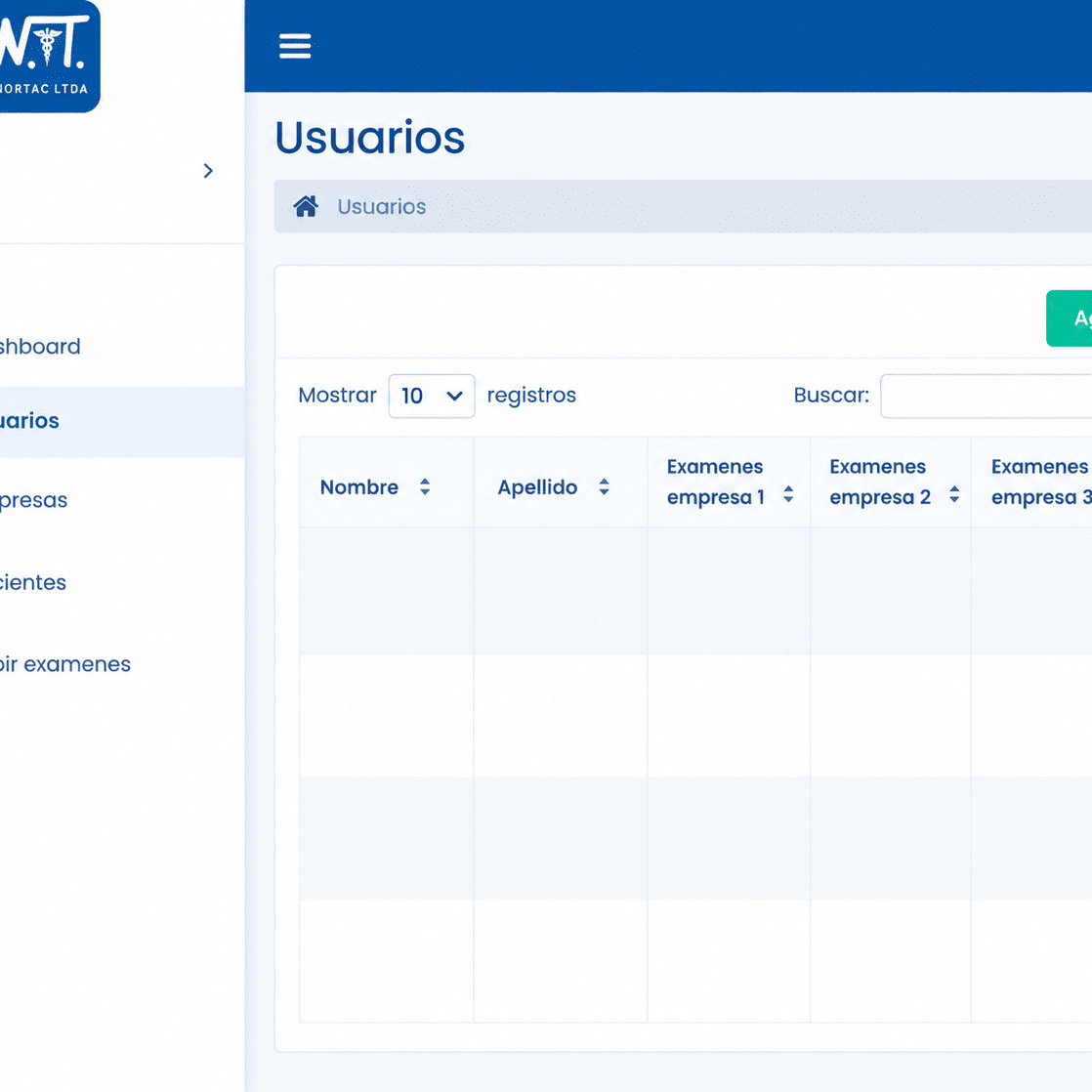 Módulo de usuarios de Nortac con tabla de registros, buscador y opciones para agregar y editar usuarios.