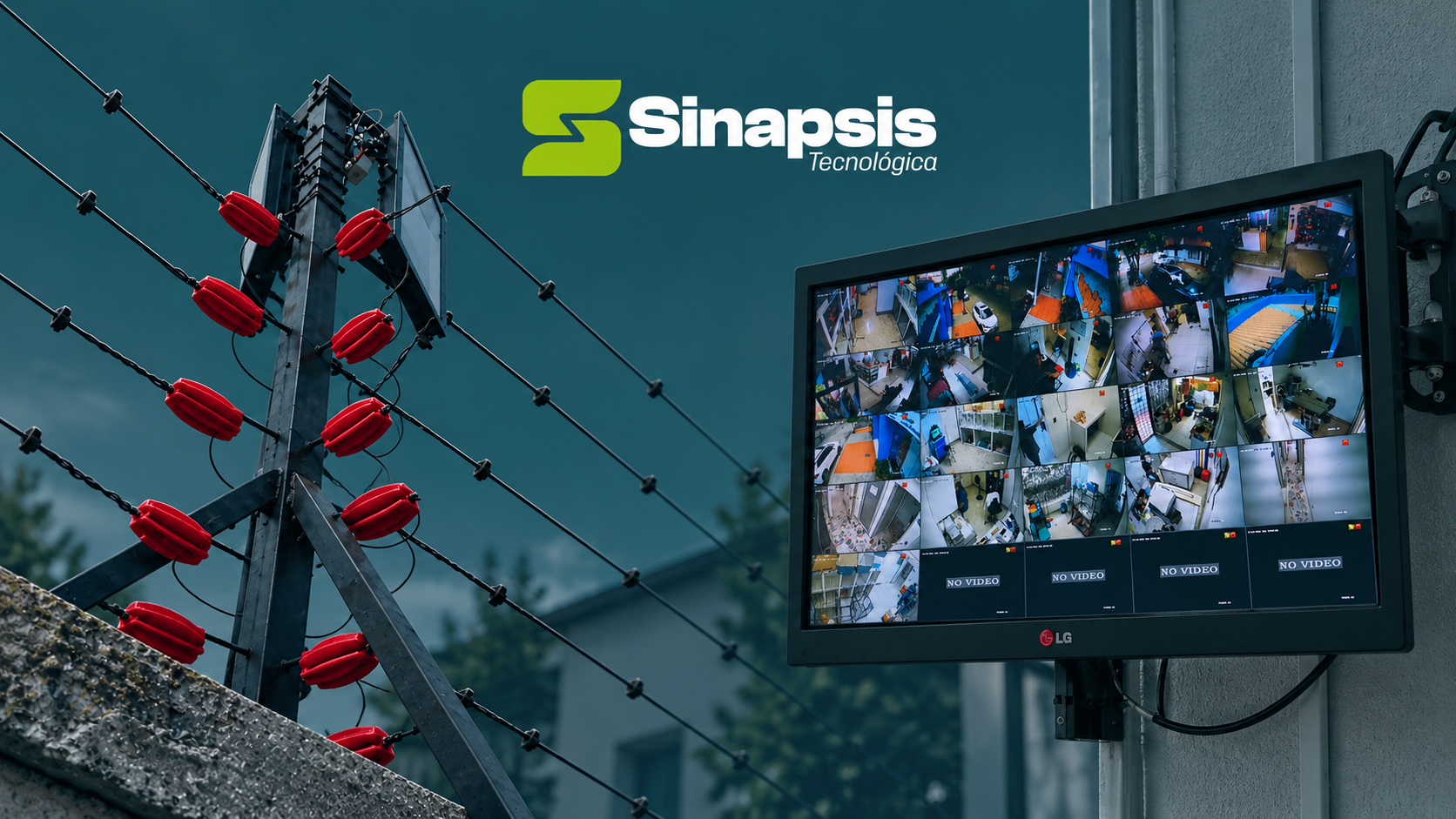 Cerca eléctrica y monitor de videovigilancia de Callejas del Este, con logotipo de Sinapsis Tecnológica.