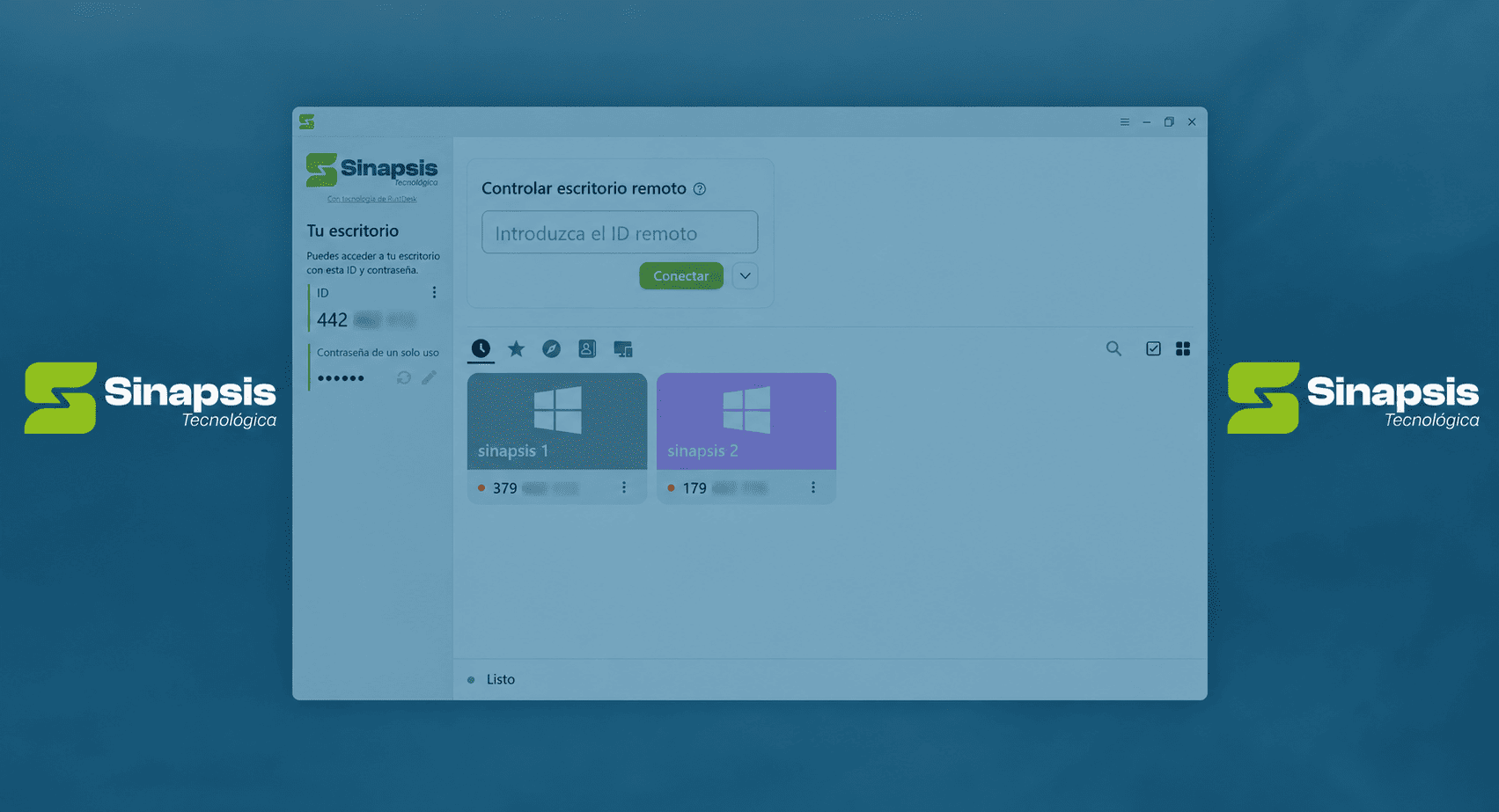 Interfaz de RustDesk personalizada para Sinapsis Tecnológica para conectar y controlar equipos a distancia.