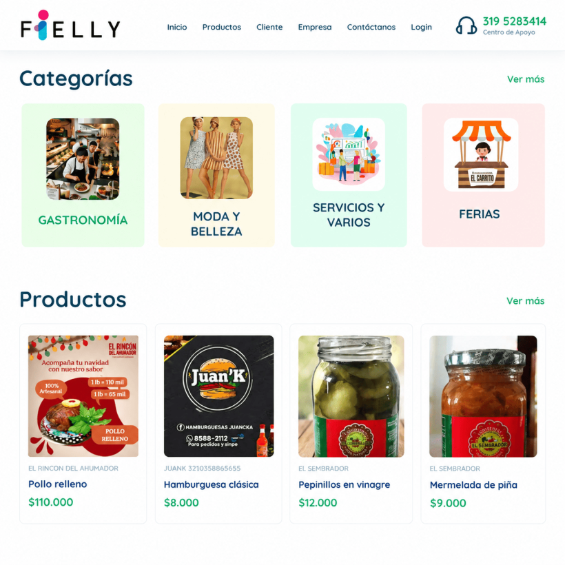 Inicio de Fielly con categorías de gastronomía, moda, servicios y ferias, y una selección de productos.