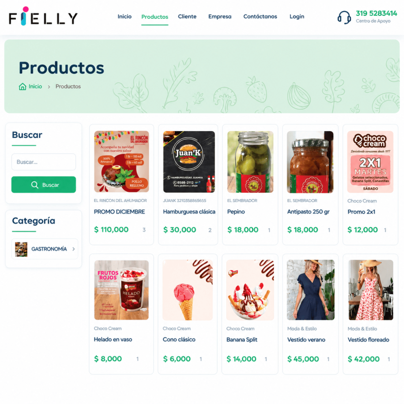 Catálogo de productos de Fielly con buscador, categorías, fotografías y precios.