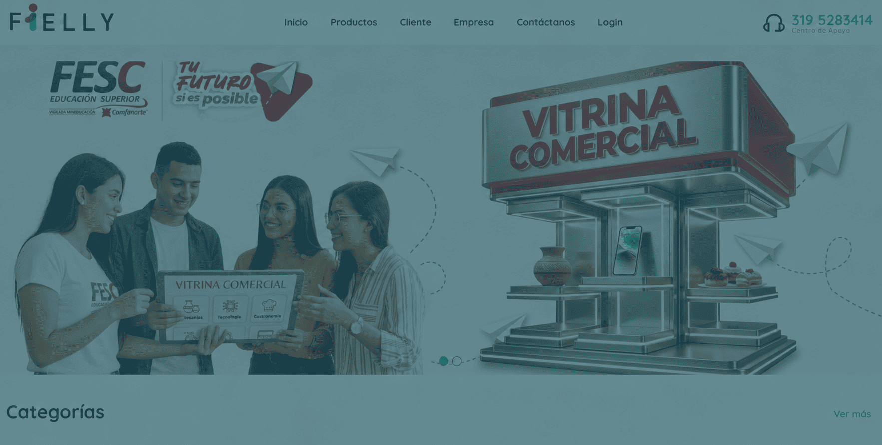 Cabecera de Fielly con presentación de su vitrina comercial y un grupo de emprendedores.