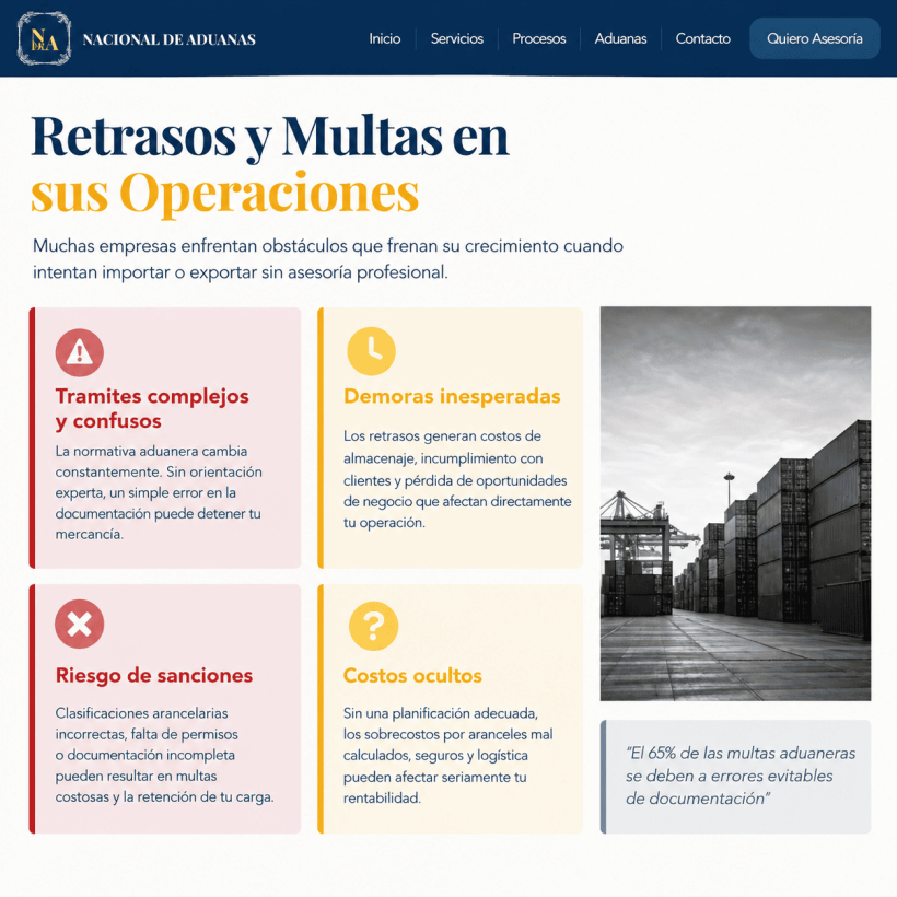 Sección de Nacional de Aduanas sobre retrasos, multas y costos de las operaciones de importación y exportación.